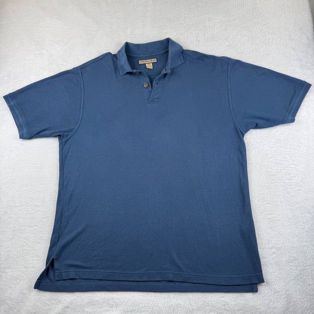Jamaica Jaxx Polo Shirt Mens Medium Blue Silk Cotton Textured Palm Tree Button